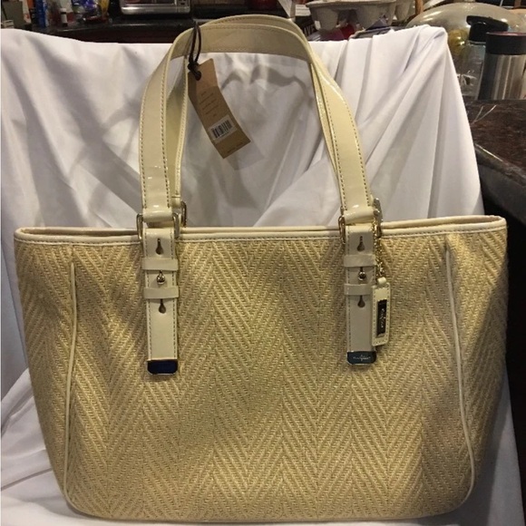 Cole Haan Kendra Herringbone Straw Soft Tote Bag Gold Leather Purse Shoulder - Picture 1 of 6